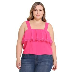 NWOT CAD Women’s Hot Pink Sleeveless Ruffle Blouse with Lace Trim Size Large